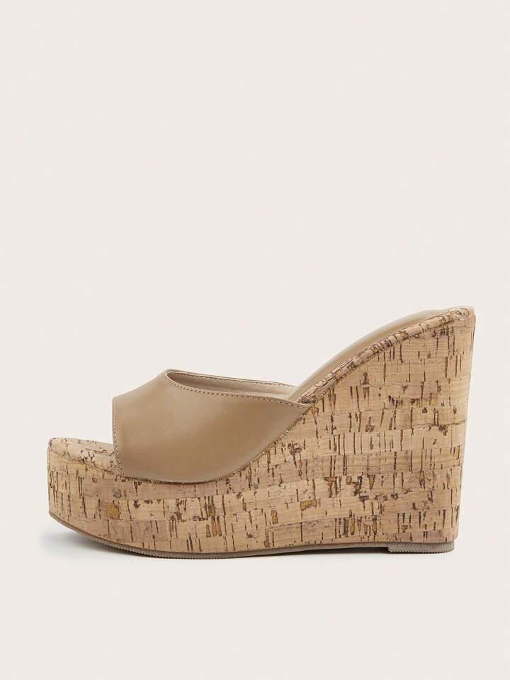 CM-SHS287797 Women Trendy Seoul Style Sloping Wide Strap Wedge Heeled Mules - Khaki
