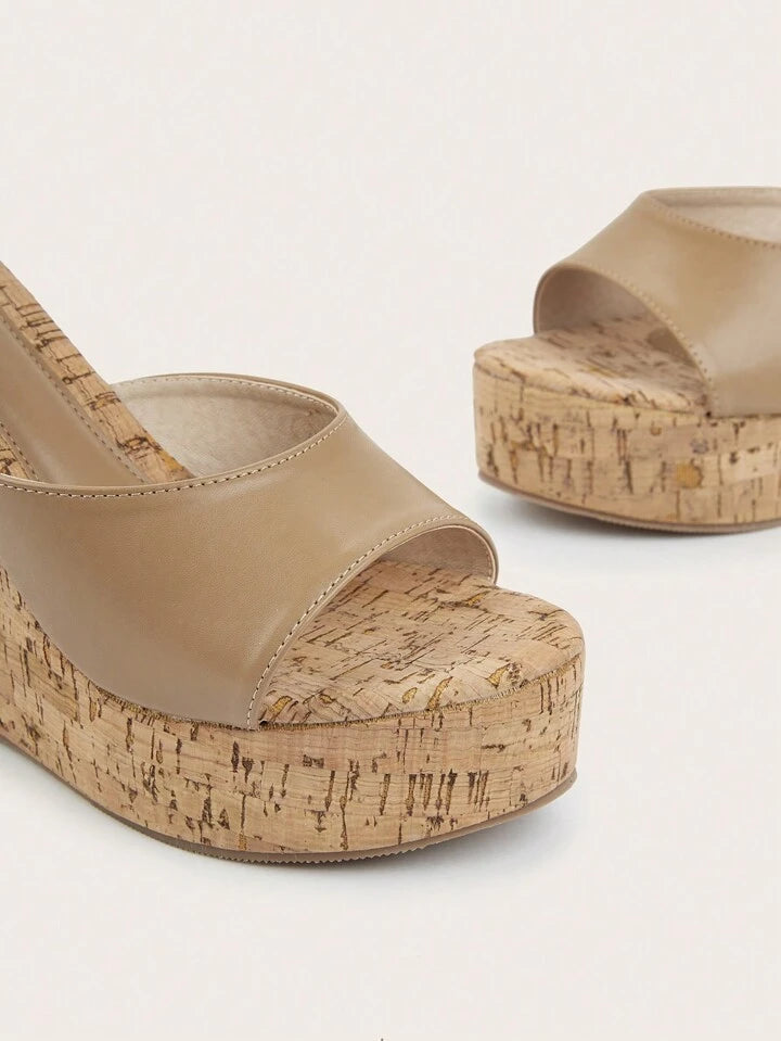 CM-SHS287797 Women Trendy Seoul Style Sloping Wide Strap Wedge Heeled Mules - Khaki