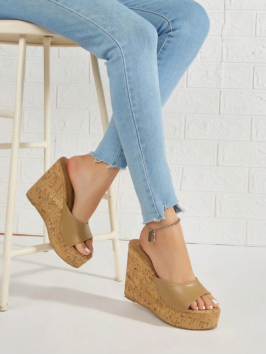 CM-SHS287797 Women Trendy Seoul Style Sloping Wide Strap Wedge Heeled Mules - Khaki