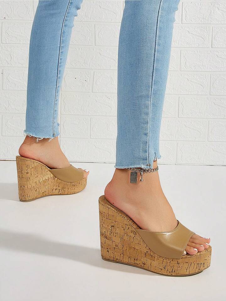 CM-SHS287797 Women Trendy Seoul Style Sloping Wide Strap Wedge Heeled Mules - Khaki