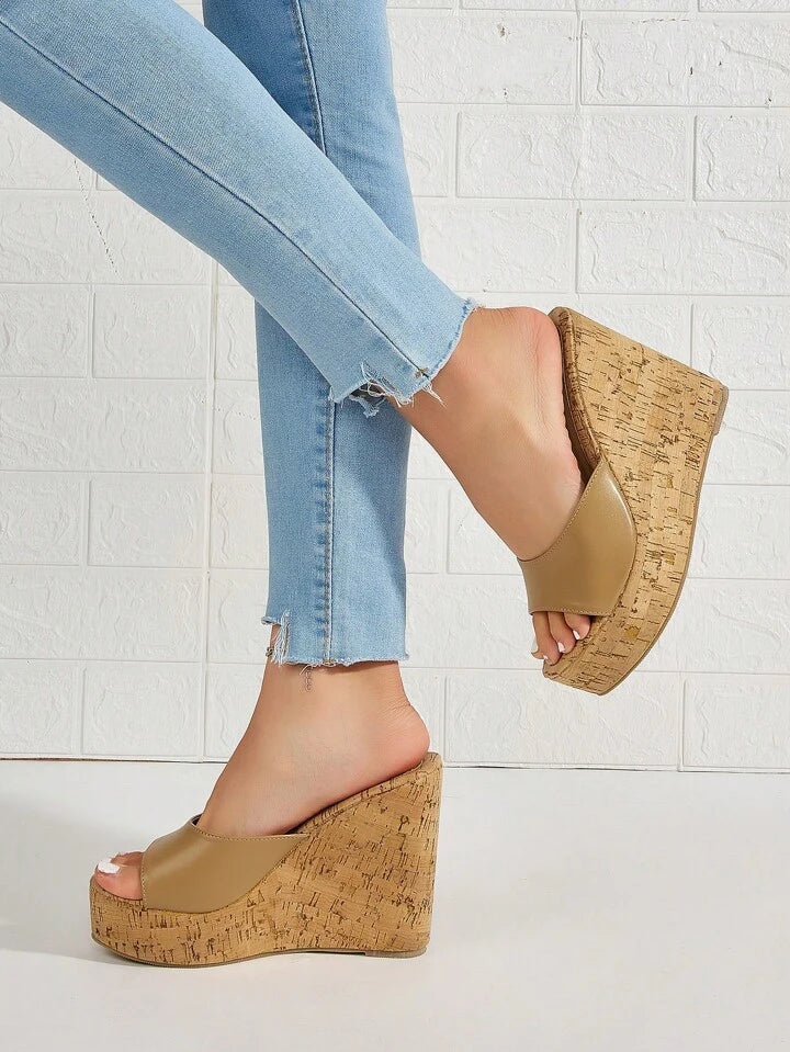CM-SHS287797 Women Trendy Seoul Style Sloping Wide Strap Wedge Heeled Mules - Khaki