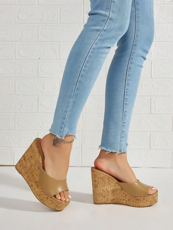 CM-SHS287797 Women Trendy Seoul Style Sloping Wide Strap Wedge Heeled Mules - Khaki