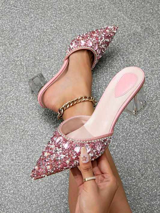 CM-SHS795788 Women Trendy Seoul Style Transparent Crystal Chunky Pointed Toe Slip-On Heel - Pink