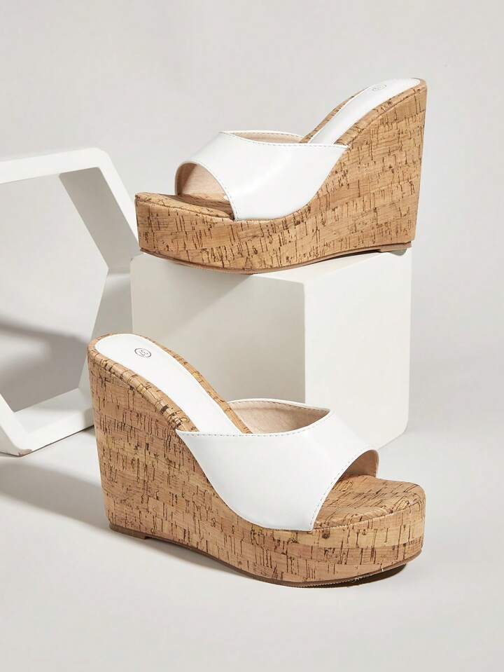 CM-SHS010299 Women Trendy Seoul Style Sloping Wide Strap Wedge Heeled Mules - White