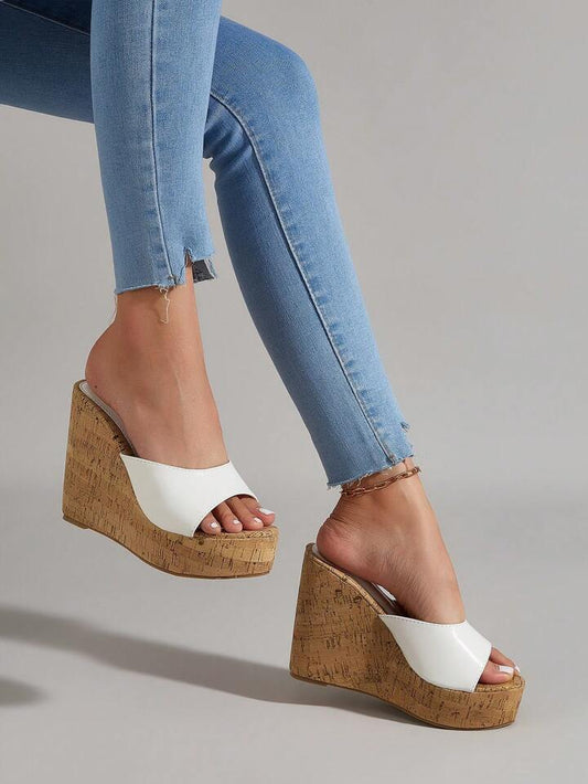 CM-SHS010299 Women Trendy Seoul Style Sloping Wide Strap Wedge Heeled Mules - White