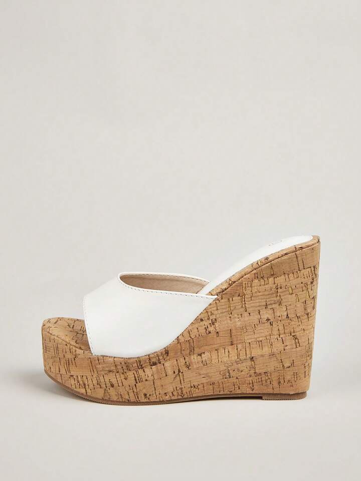 CM-SHS010299 Women Trendy Seoul Style Sloping Wide Strap Wedge Heeled Mules - White