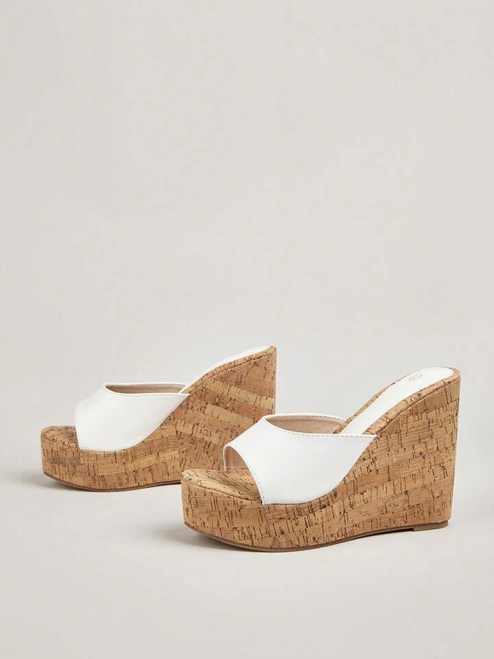 CM-SHS010299 Women Trendy Seoul Style Sloping Wide Strap Wedge Heeled Mules - White