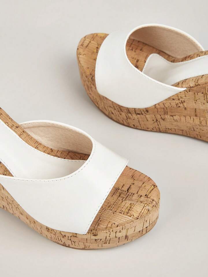 CM-SHS010299 Women Trendy Seoul Style Sloping Wide Strap Wedge Heeled Mules - White