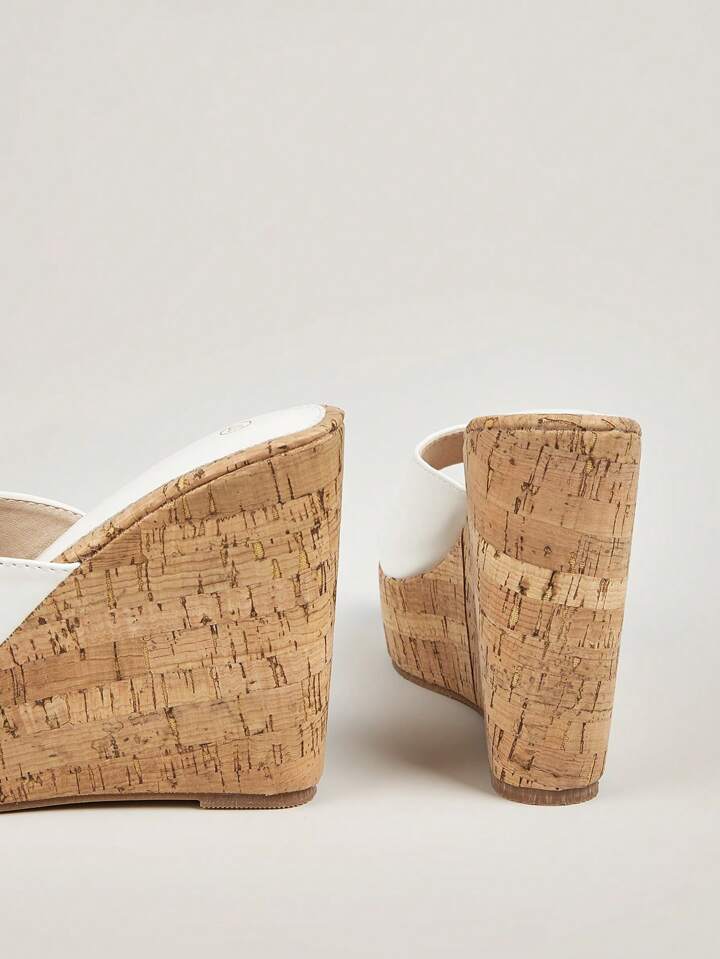 CM-SHS010299 Women Trendy Seoul Style Sloping Wide Strap Wedge Heeled Mules - White