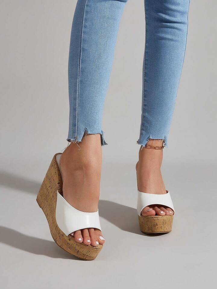 CM-SHS010299 Women Trendy Seoul Style Sloping Wide Strap Wedge Heeled Mules - White
