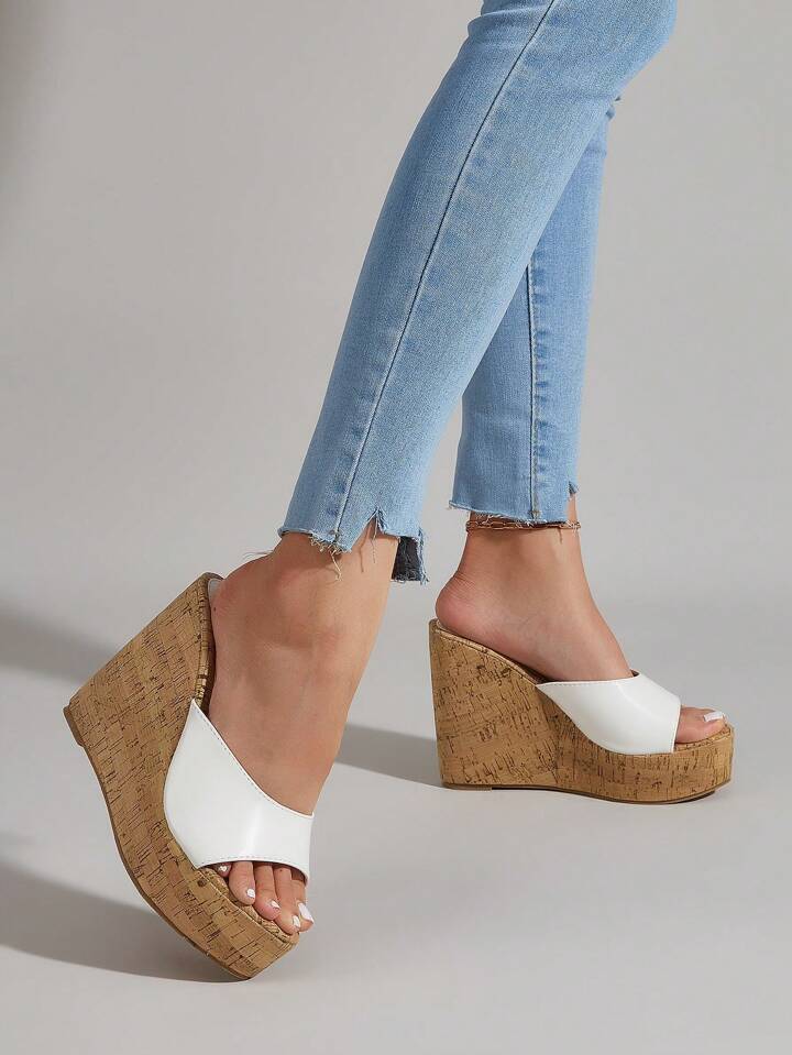 CM-SHS010299 Women Trendy Seoul Style Sloping Wide Strap Wedge Heeled Mules - White