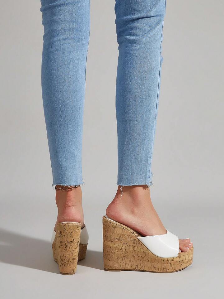 CM-SHS010299 Women Trendy Seoul Style Sloping Wide Strap Wedge Heeled Mules - White