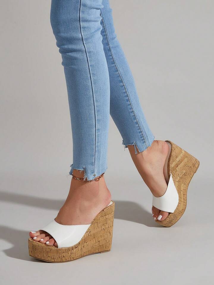 CM-SHS010299 Women Trendy Seoul Style Sloping Wide Strap Wedge Heeled Mules - White