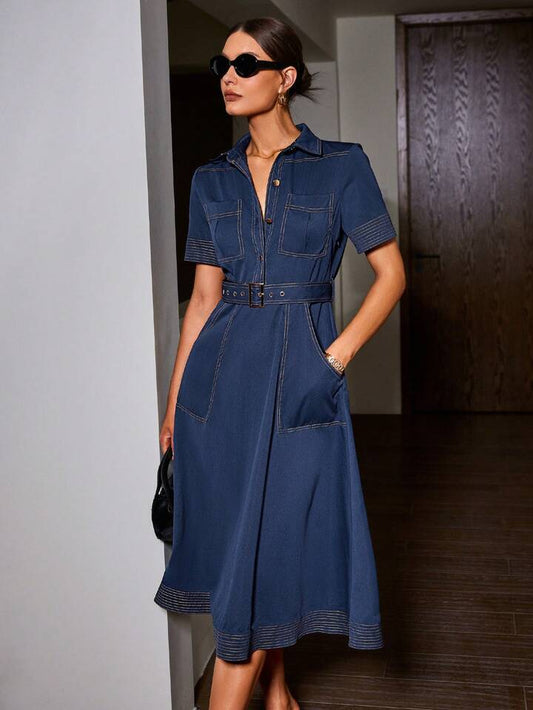 CM-DS056017 Women Elegant Seoul Style Denim-Like Collared Contrast Color Short Sleeve Belted Dress - Navy Blue