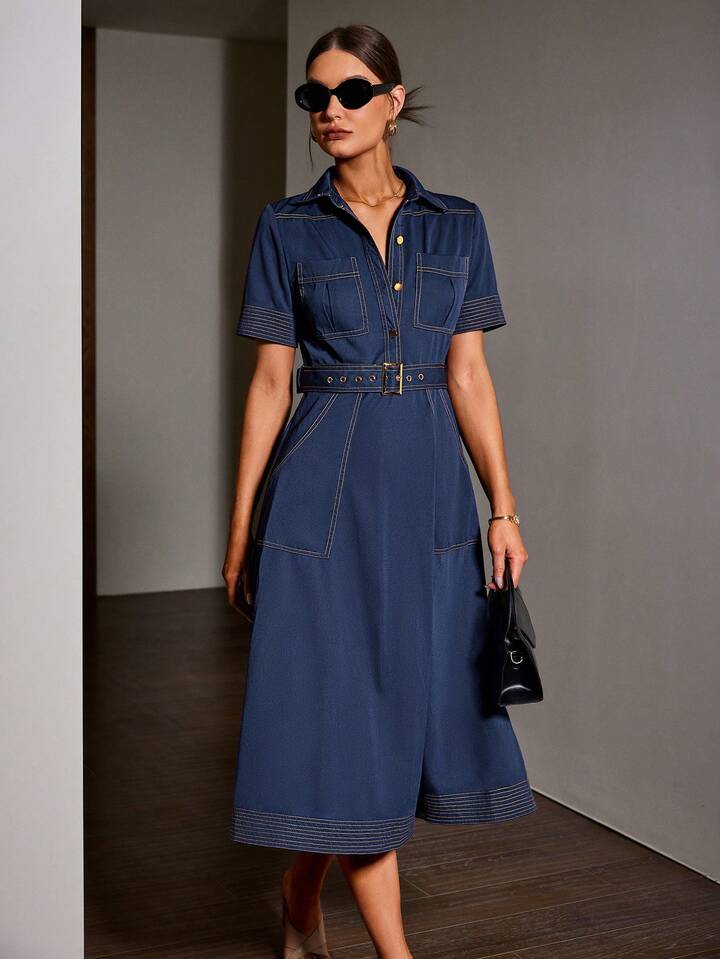 CM-DS056017 Women Elegant Seoul Style Denim-Like Collared Contrast Color Short Sleeve Belted Dress - Navy Blue