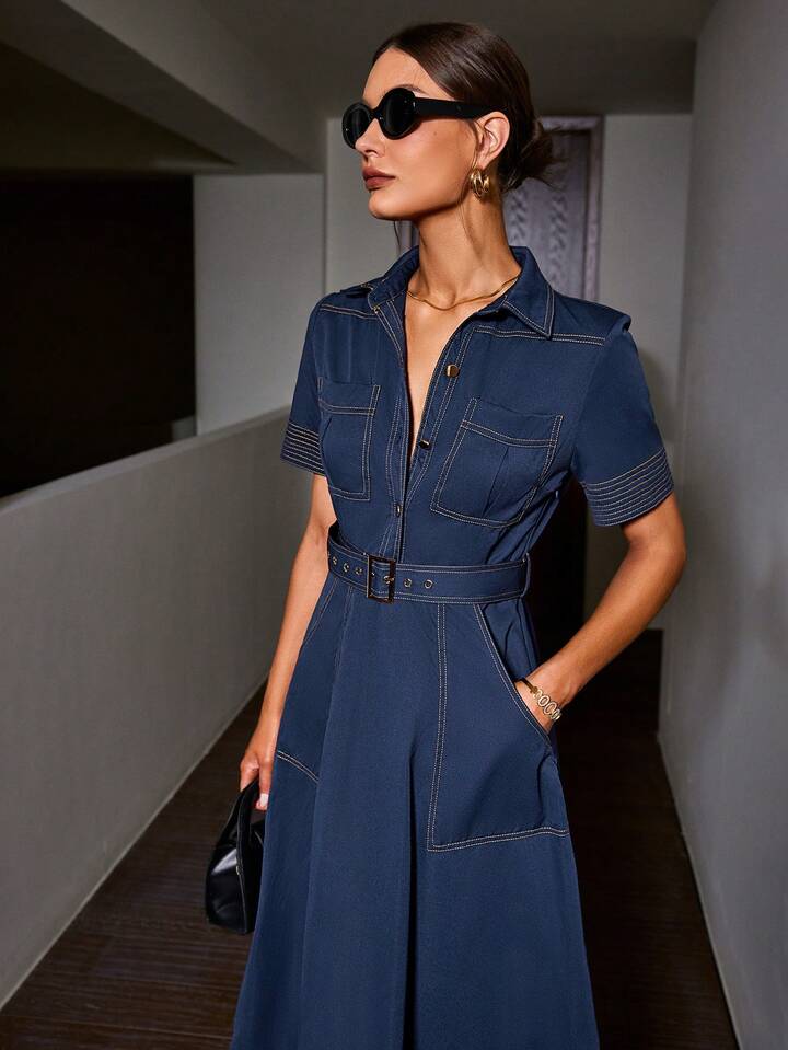 CM-DS056017 Women Elegant Seoul Style Denim-Like Collared Contrast Color Short Sleeve Belted Dress - Navy Blue
