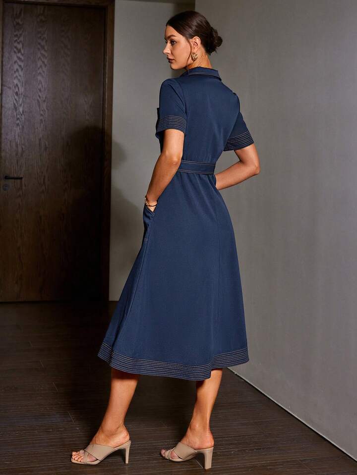 CM-DS056017 Women Elegant Seoul Style Denim-Like Collared Contrast Color Short Sleeve Belted Dress - Navy Blue