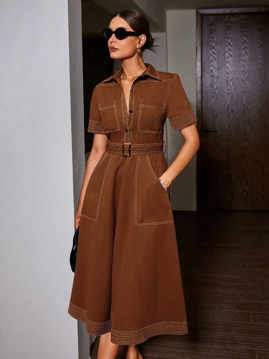 CM-DS091466 Women Elegant Seoul Style Denim-Like Collared Contrast Color Short Sleeve Belted Dress - Brown