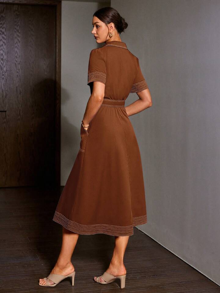 CM-DS091466 Women Elegant Seoul Style Denim-Like Collared Contrast Color Short Sleeve Belted Dress - Brown