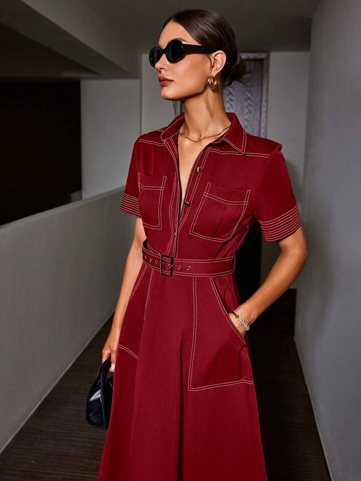 CM-DS069349 Women Elegant Seoul Style Denim-Like Collared Contrast Color Short Sleeve Belted Dress - Red