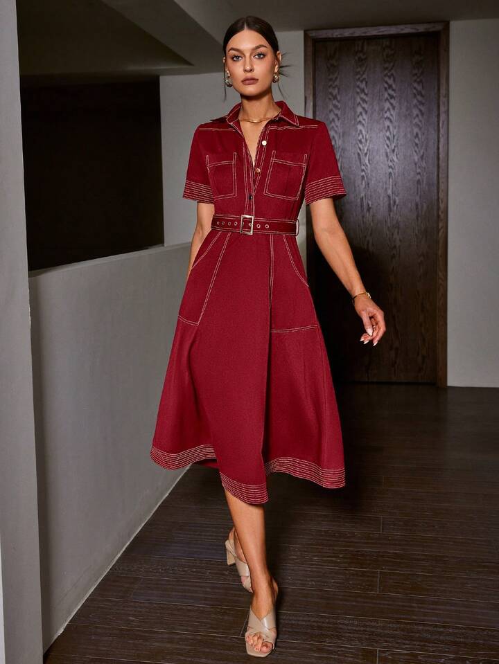 CM-DS069349 Women Elegant Seoul Style Denim-Like Collared Contrast Color Short Sleeve Belted Dress - Red