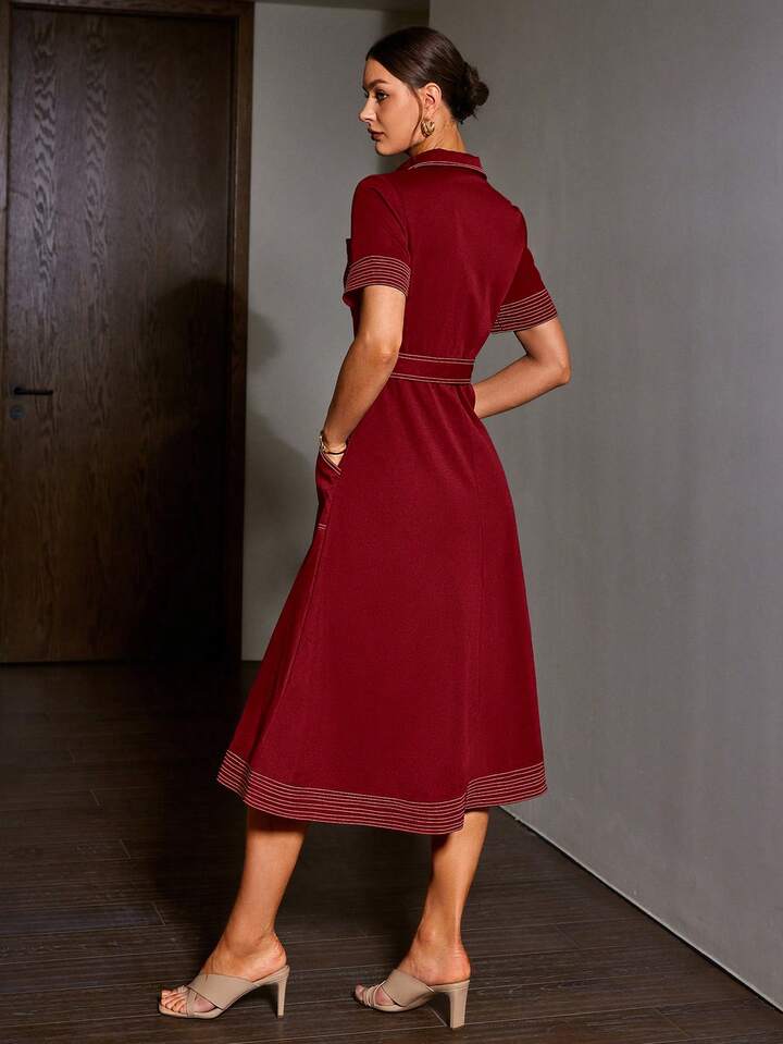CM-DS069349 Women Elegant Seoul Style Denim-Like Collared Contrast Color Short Sleeve Belted Dress - Red