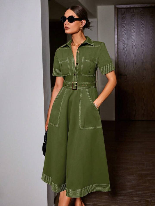 CM-DS064880 Women Elegant Seoul Style Denim-Like Collared Contrast Color Short Sleeve Belted Dress - Green