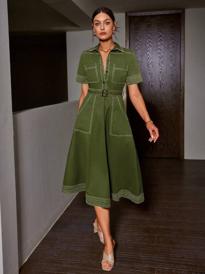 CM-DS064880 Women Elegant Seoul Style Denim-Like Collared Contrast Color Short Sleeve Belted Dress - Green
