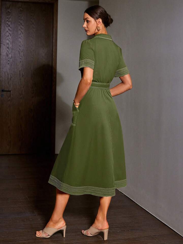 CM-DS064880 Women Elegant Seoul Style Denim-Like Collared Contrast Color Short Sleeve Belted Dress - Green