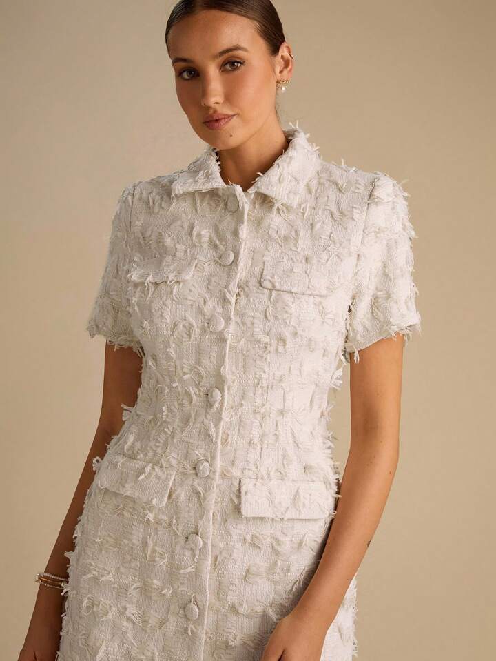 CM-DS647641 Women Elegant Seoul Style Fringe Short Sleeve Single-Breasted Tweed Mini Dress - Beige