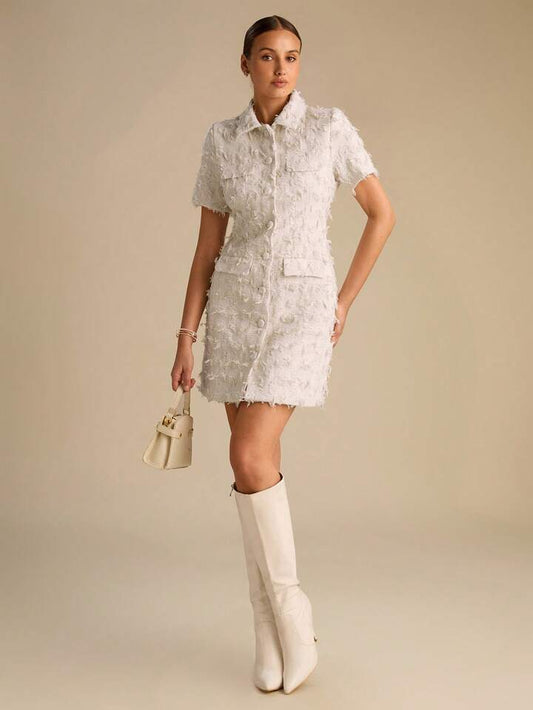 CM-DS647641 Women Elegant Seoul Style Fringe Short Sleeve Single-Breasted Tweed Mini Dress - Beige