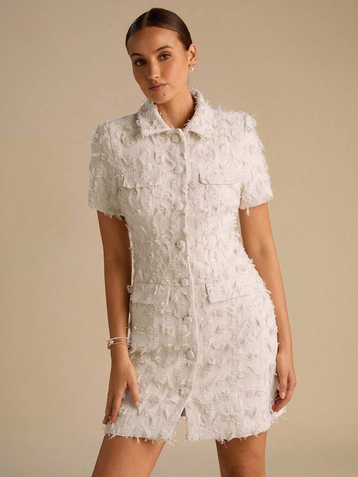 CM-DS647641 Women Elegant Seoul Style Fringe Short Sleeve Single-Breasted Tweed Mini Dress - Beige