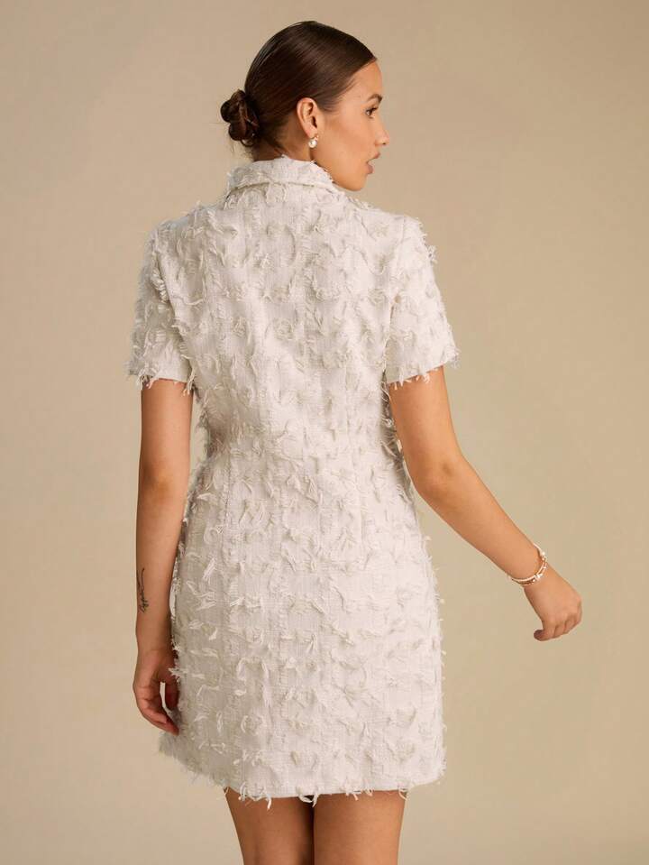 CM-DS647641 Women Elegant Seoul Style Fringe Short Sleeve Single-Breasted Tweed Mini Dress - Beige