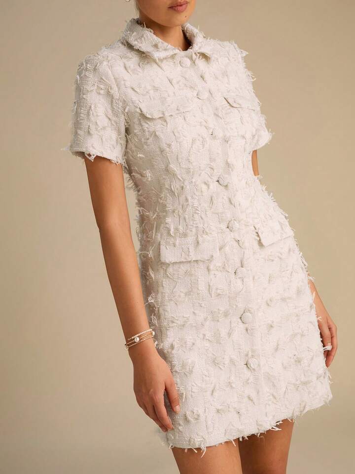 CM-DS647641 Women Elegant Seoul Style Fringe Short Sleeve Single-Breasted Tweed Mini Dress - Beige