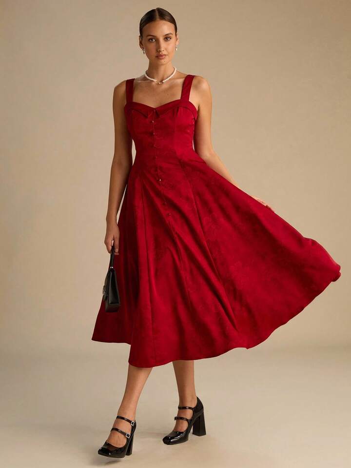 CM-DS614349 Women Elegant Seoul Style Sweetheart Collar Waist Cinching Camisole Long Dress - Burgundy