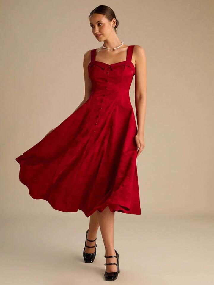 CM-DS614349 Women Elegant Seoul Style Sweetheart Collar Waist Cinching Camisole Long Dress - Burgundy