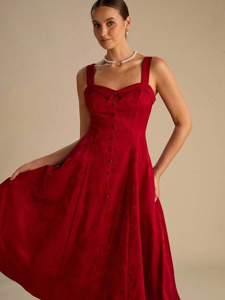 CM-DS614349 Women Elegant Seoul Style Sweetheart Collar Waist Cinching Camisole Long Dress - Burgundy
