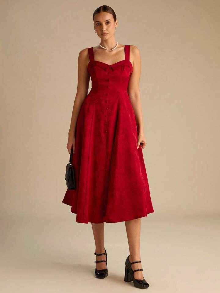 CM-DS614349 Women Elegant Seoul Style Sweetheart Collar Waist Cinching Camisole Long Dress - Burgundy