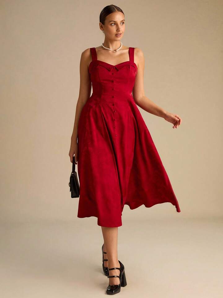 CM-DS614349 Women Elegant Seoul Style Sweetheart Collar Waist Cinching Camisole Long Dress - Burgundy