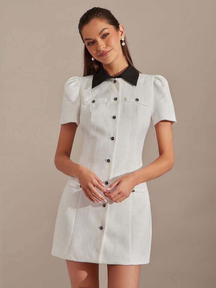 CM-DS003991 Women Elegant Seoul Style Tweed Contrast Color Collar Short Sleeve Mini Dress - White