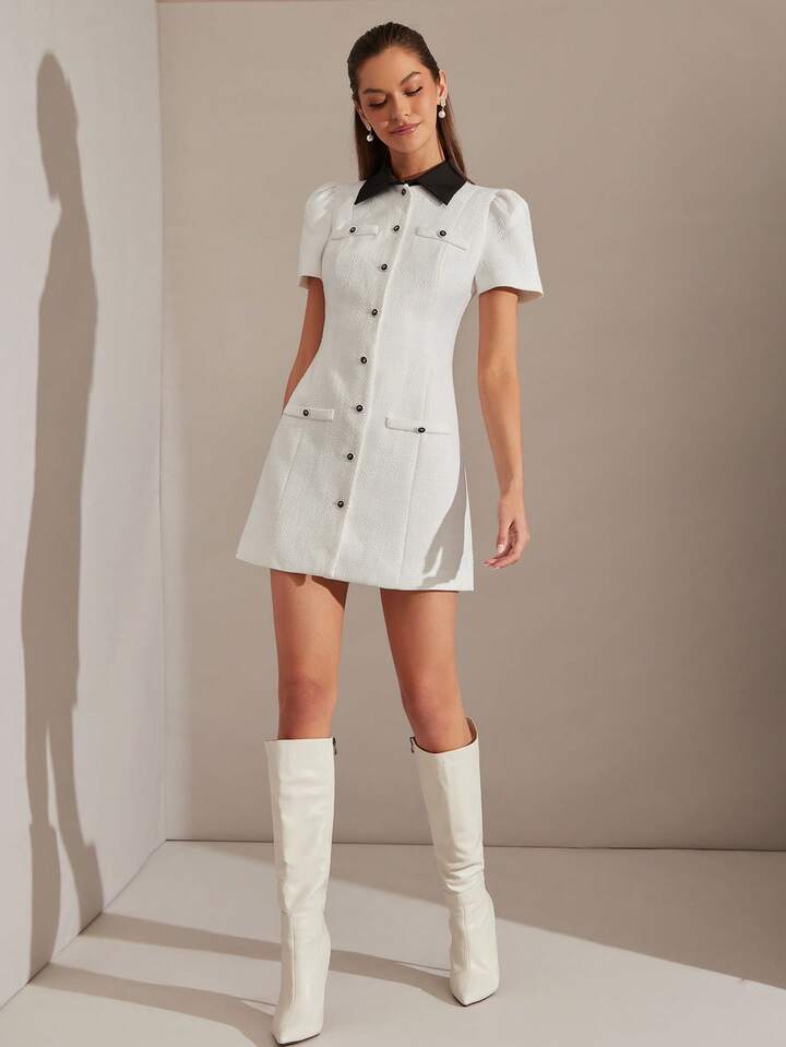 CM-DS003991 Women Elegant Seoul Style Tweed Contrast Color Collar Short Sleeve Mini Dress - White