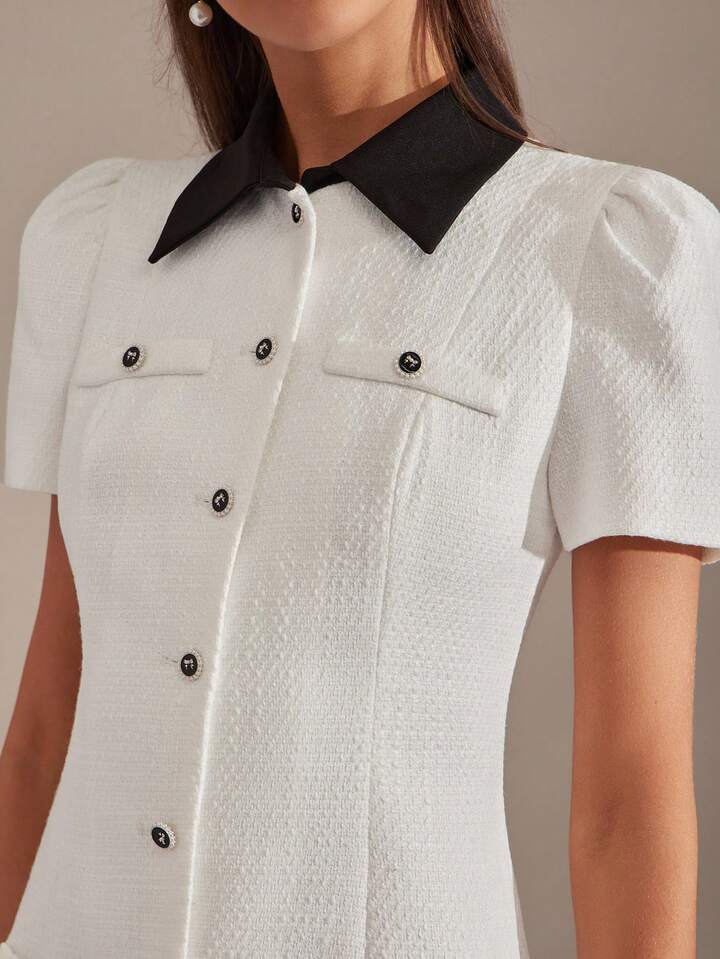 CM-DS003991 Women Elegant Seoul Style Tweed Contrast Color Collar Short Sleeve Mini Dress - White