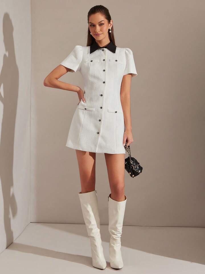 CM-DS003991 Women Elegant Seoul Style Tweed Contrast Color Collar Short Sleeve Mini Dress - White
