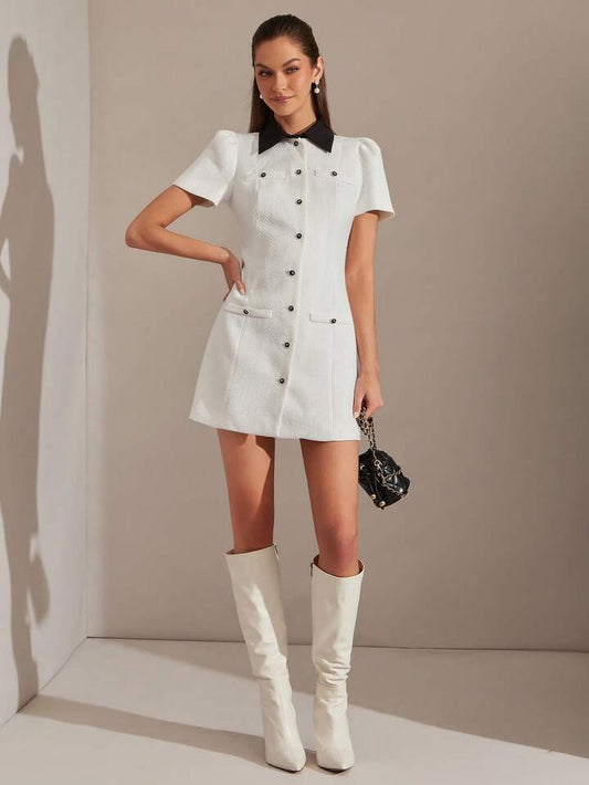 CM-DS003991 Women Elegant Seoul Style Tweed Contrast Color Collar Short Sleeve Mini Dress - White