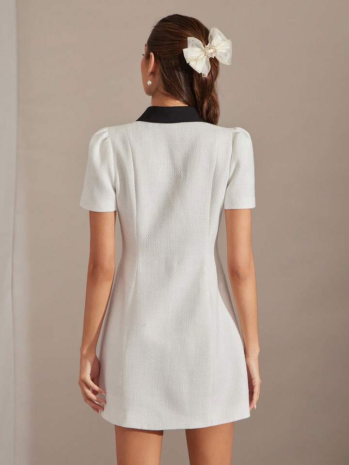 CM-DS003991 Women Elegant Seoul Style Tweed Contrast Color Collar Short Sleeve Mini Dress - White