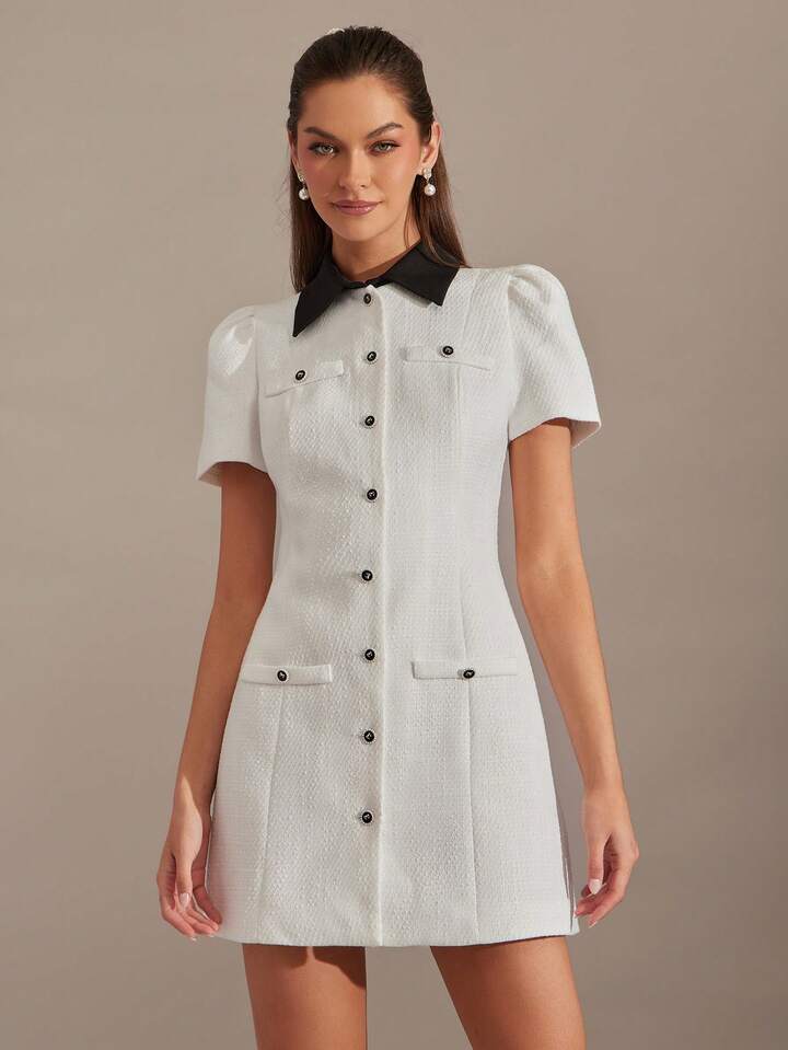 CM-DS003991 Women Elegant Seoul Style Tweed Contrast Color Collar Short Sleeve Mini Dress - White