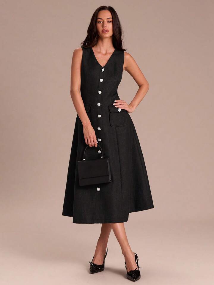 CM-DS919991 Women Elegant Seoul Style Tweed V-Neck Wide Strap Front Button Midi Dress - Black