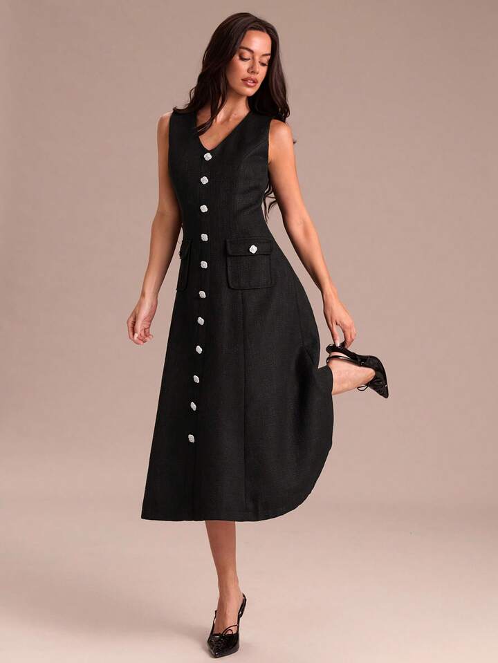 CM-DS919991 Women Elegant Seoul Style Tweed V-Neck Wide Strap Front Button Midi Dress - Black