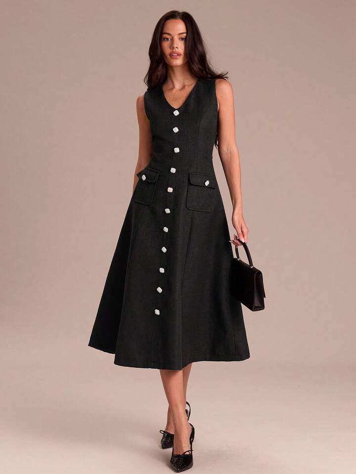 CM-DS919991 Women Elegant Seoul Style Tweed V-Neck Wide Strap Front Button Midi Dress - Black