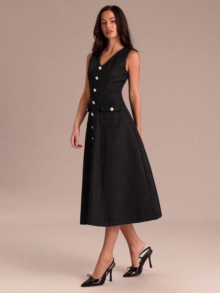 CM-DS919991 Women Elegant Seoul Style Tweed V-Neck Wide Strap Front Button Midi Dress - Black